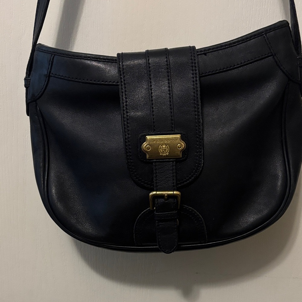 Vintage Liz Claiborne “Officers Haversack” Black Leather Shoulder Bag